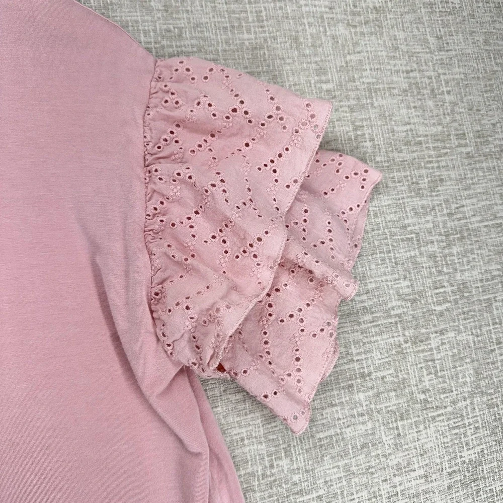 Kelly Renée Shirt Womens Large Pink Eyelet Ruffle Flutter Sleeve Knit Top - Picture 4 of 9
